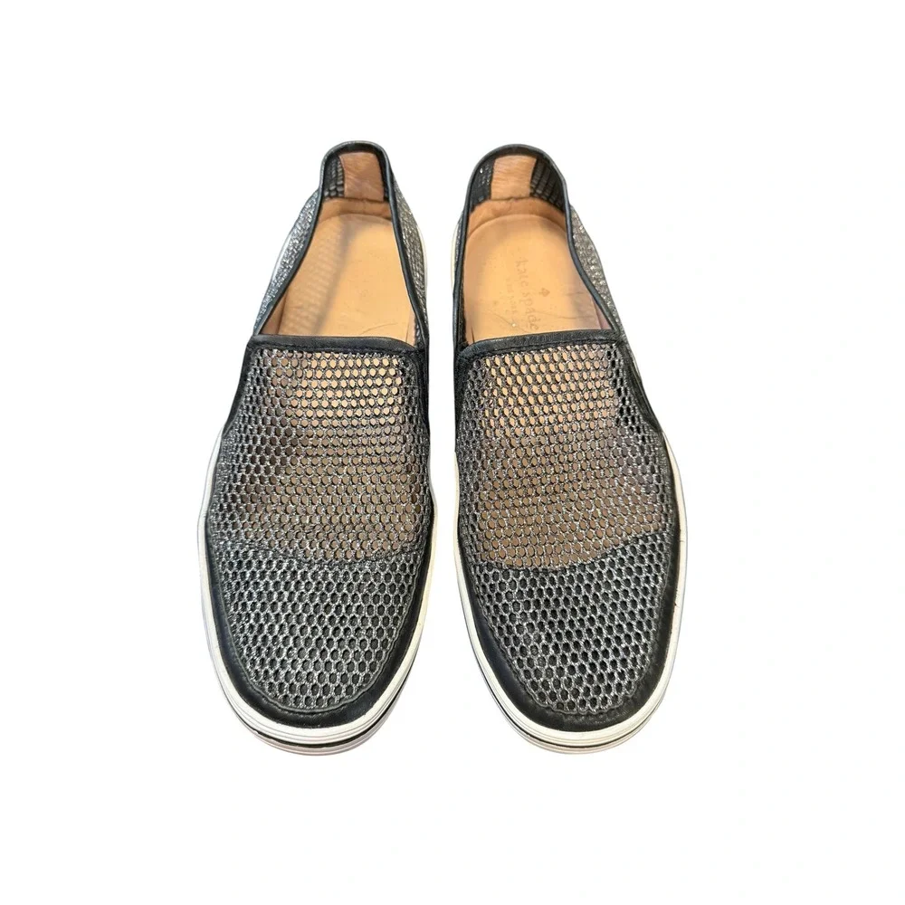 Kate Spade Slip On Sneakers Womens sz 9 Black Silver Good Mesh Metallic Platform
